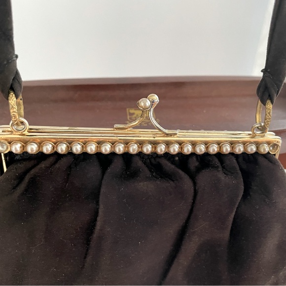 Vintage Leather School Florence Black Suede Evening Clutch lined w Tiny Pearls - Picture 3 of 9